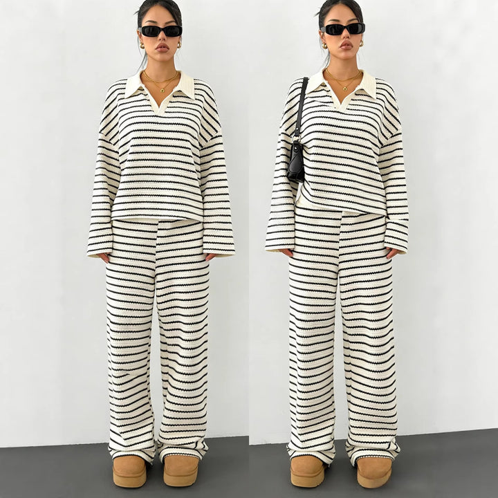 Damen Gestreifter Strickpullover mit Polokragen und Oversize-Ärmeln Echoarchiv