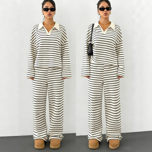 Damen Gestreifter Strickpullover mit Polokragen und Oversize-Ärmeln Echoarchiv