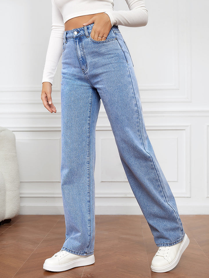 Damen nan hochgeschnittene weite Denimjeans mit geradem Bein und elastischem Bund Echo Archiv