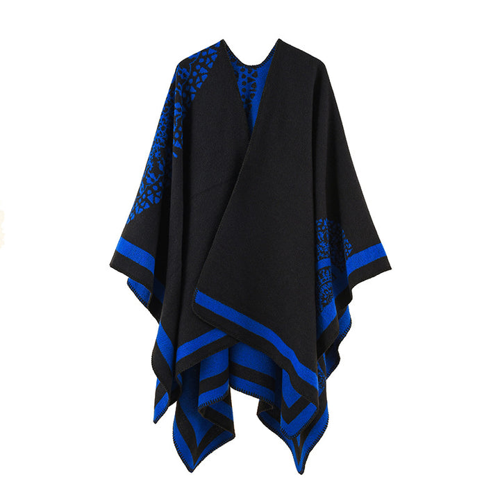 Damen Oversized Strickponcho mit Musterbesatz und asymmetrischem Saum – Avérine