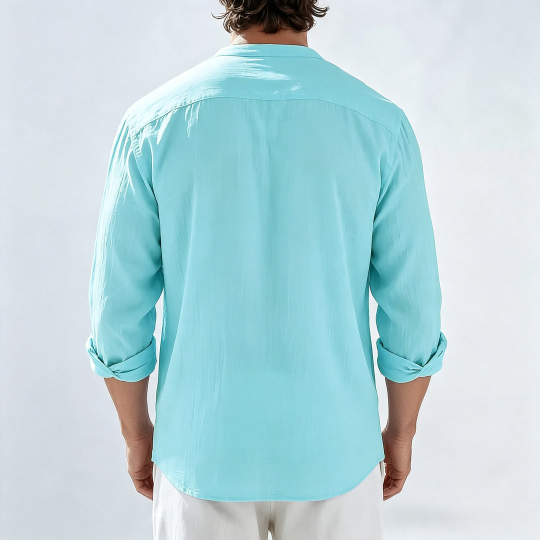 Herren Leichtes Leinen-Henley-Langarmshirt mit Mandarin-Kragen Echoarchiv