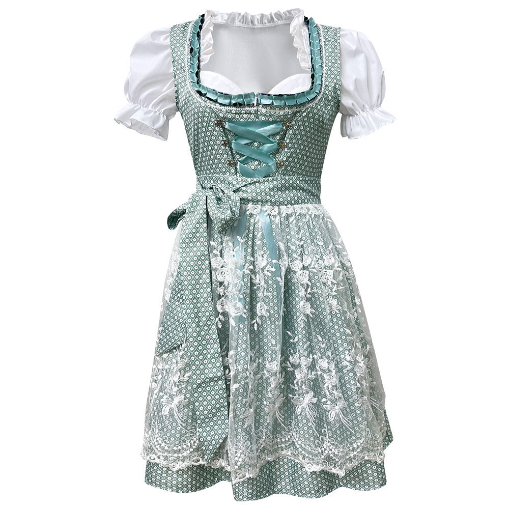Damen nan traditionelles kurzes Dirndl mit Spitzenapron, Herzausschnitt, Puffärmeln und Schnürung Echo Archiv