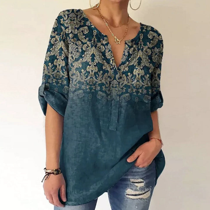 Damen nan V-Ausschnitt-Tunika im Leinenlook mit ornamentalem Bordürenprint, krempelbaren Ärmeln und gerundetem Saum Echo Archiv