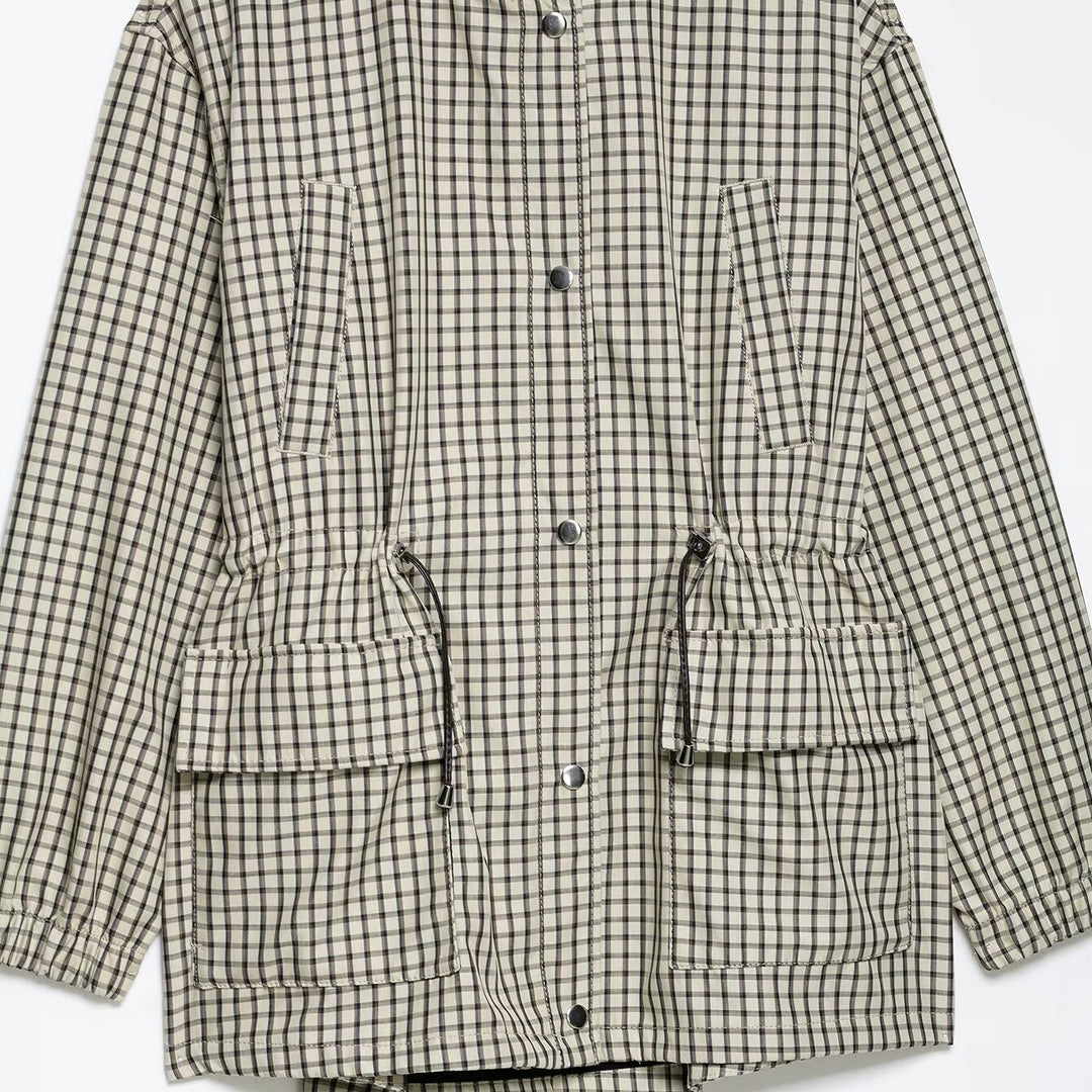 Damen Karierte Oversize-Parka mit Tunnelzug, Stehkragen und aufgesetzten Pattentaschen Echo Archiv