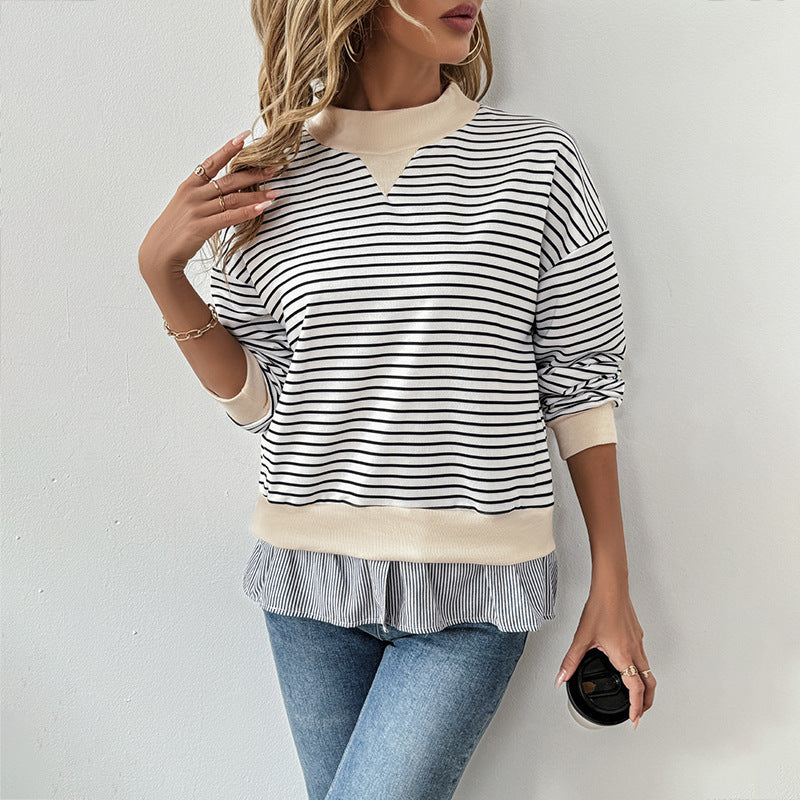 Damen Gestreiftes Layering-Sweatshirt mit Chiffon‑Einsatz und kontrastierendem Stehkragen Echoarchiv