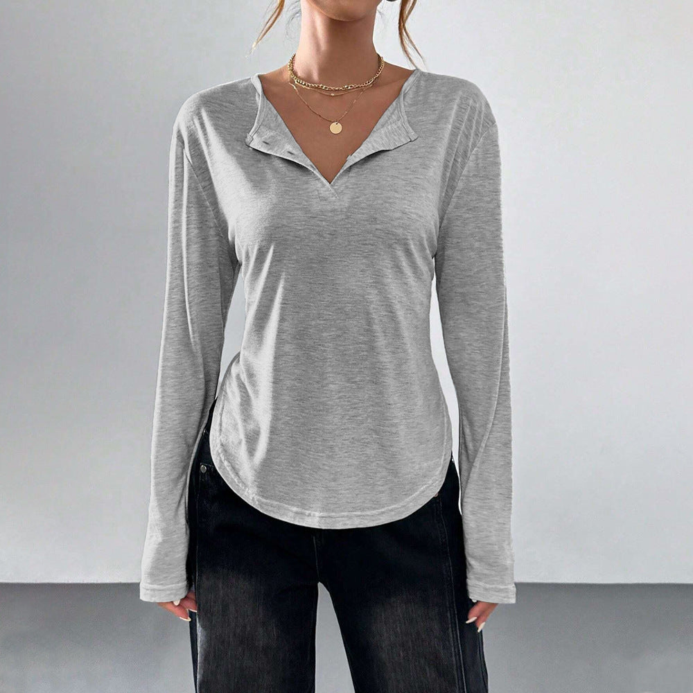 Damen legeres V-Ausschnitt Langarmshirt mit offenem Kragen, weichem Jersey und abgerundetem Saum – Avérine
