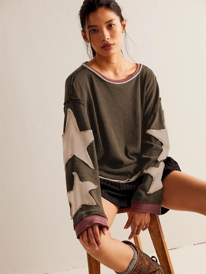 Damen Lässiger Sweatshirt mit Gestreiftem Design und Sternenapplikationen Echoarchiv