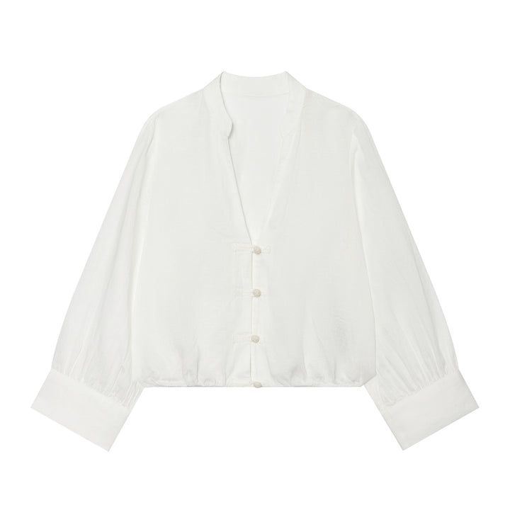 Damen Cropped-Bluse im Tai-Chi-Stil mit Stehkragen, Knotenverschlüssen und Ballonärmeln Echo Archiv