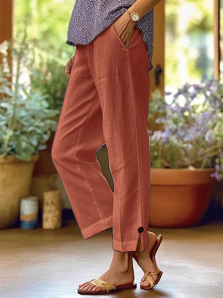 Damen Leinenhose mit lockerer, knöchellanger Passform, seitlichen Eingrifftaschen und Zierknopf-Details – Avélisse