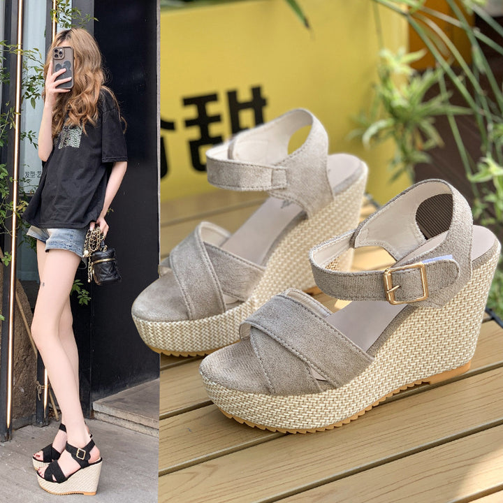Damen nan Espadrille-Keilabsatz-Sandalette mit gekreuzten Veloursriemen und verstellbarer Schnallenlasche Echo Archiv