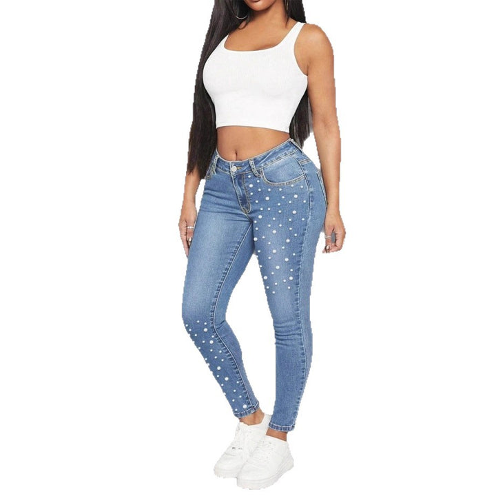 Damen High-Waist Skinny-Jeans mit Perlenapplikation Echo Archiv