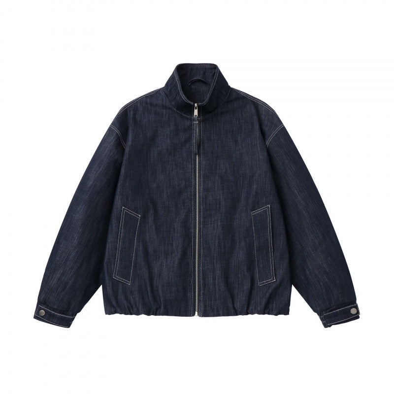 Unisex Kastenförmige Jeans-Blousonjacke mit Stehkragen, Reißverschluss und elastischem Saum Echo Archiv