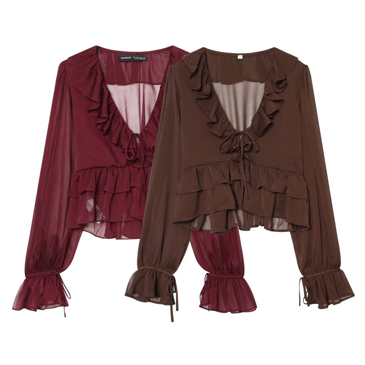 Damen Chiffon-Croppedbluse mit Rüschenvolant, Bindeband und Ballonärmeln Echo Archiv