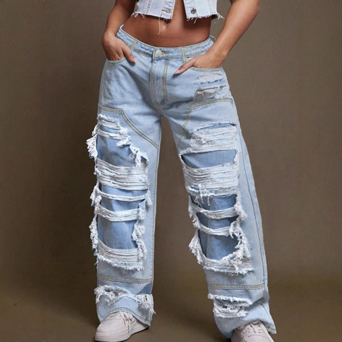 Damen Baggy-Denimhose mit extragroßen Destroyed‑Cutouts und weitem Bein Echo Archiv