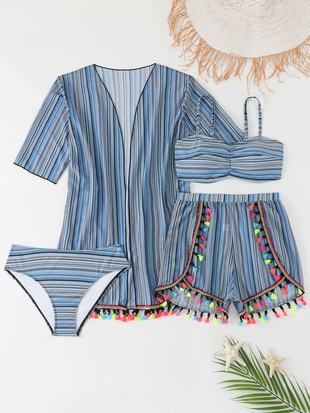 Damen Bikini-Set mit buntem Wickelrock und verspielten Pompoms Echo Archiv
