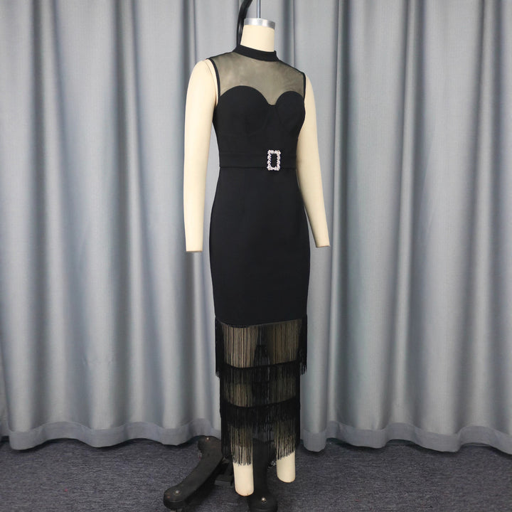 Damen Glamouröses Cocktailkleid mit transparentem oberen Einsätzen und Fransen Echo Archiv