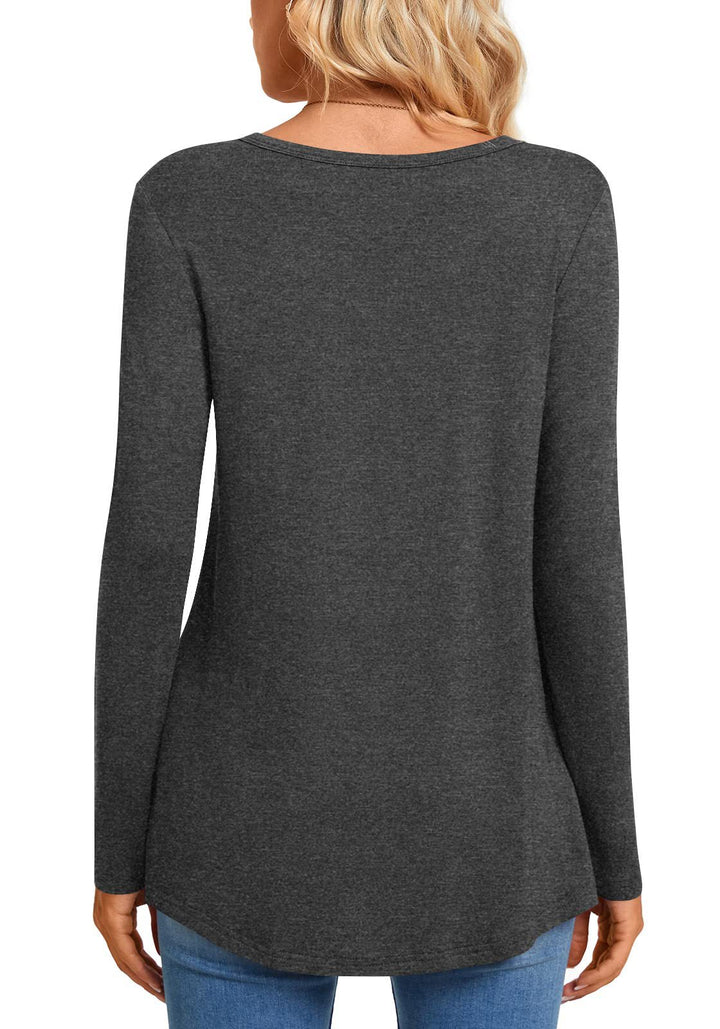 Damen Langarm V-Ausschnitt Tunika mit Knopfleiste, Raffung und Eingrifftasche – Avérine