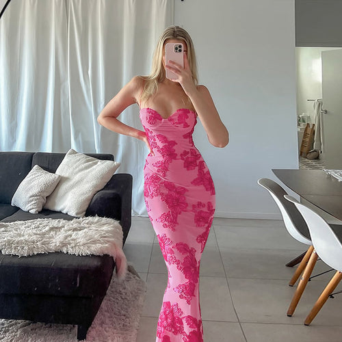 Damen elegantes Spitzen-Maxikleid mit herzförmigem Ausschnitt und fließendem Rüschendesign Echo Archiv
