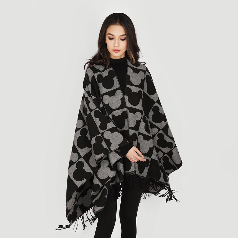 Damen Oversize-Capeponcho mit Jacquard-Motiv und Fransen Echo Archiv