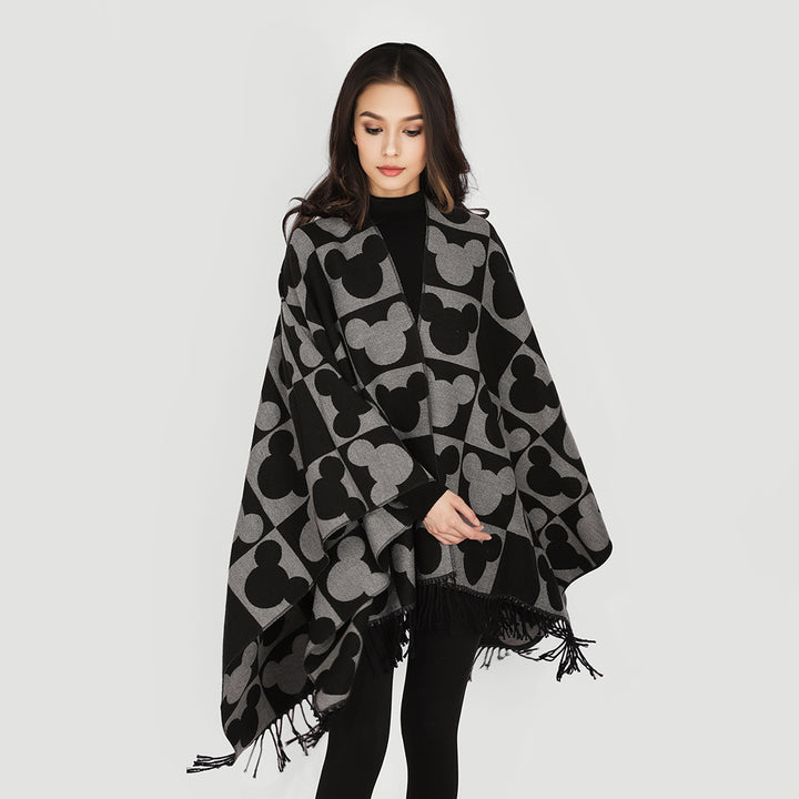 Damen Oversize-Capeponcho mit Jacquard-Motiv und Fransen Echo Archiv