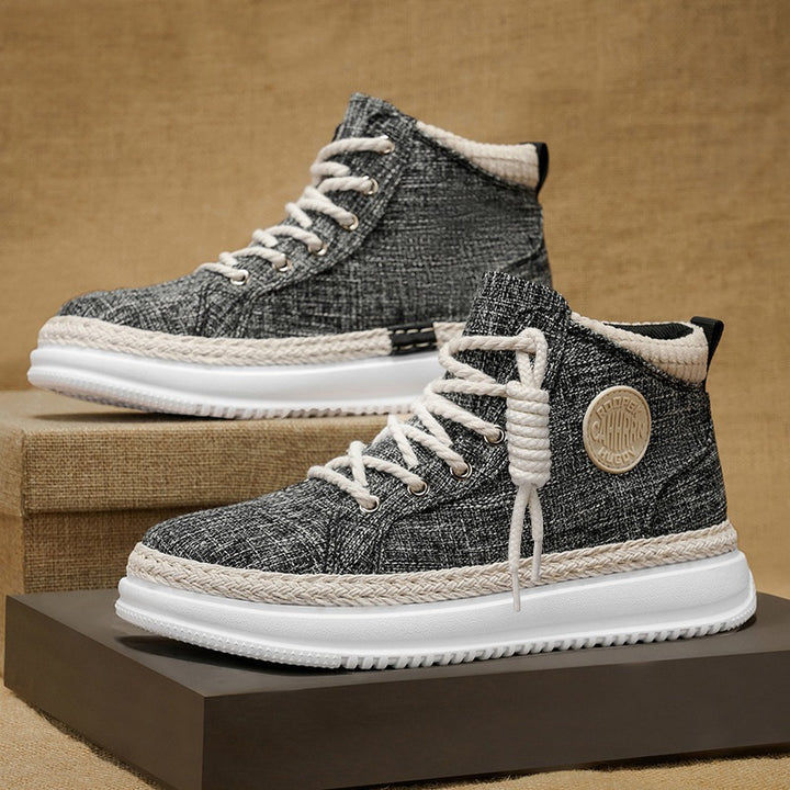 Damen hohe Freizeit‑Sneaker mit meliertem Textilobermaterial, geflochtener Jute‑Zierkante und gedämpfter Plateau‑Sohle Echo Archiv