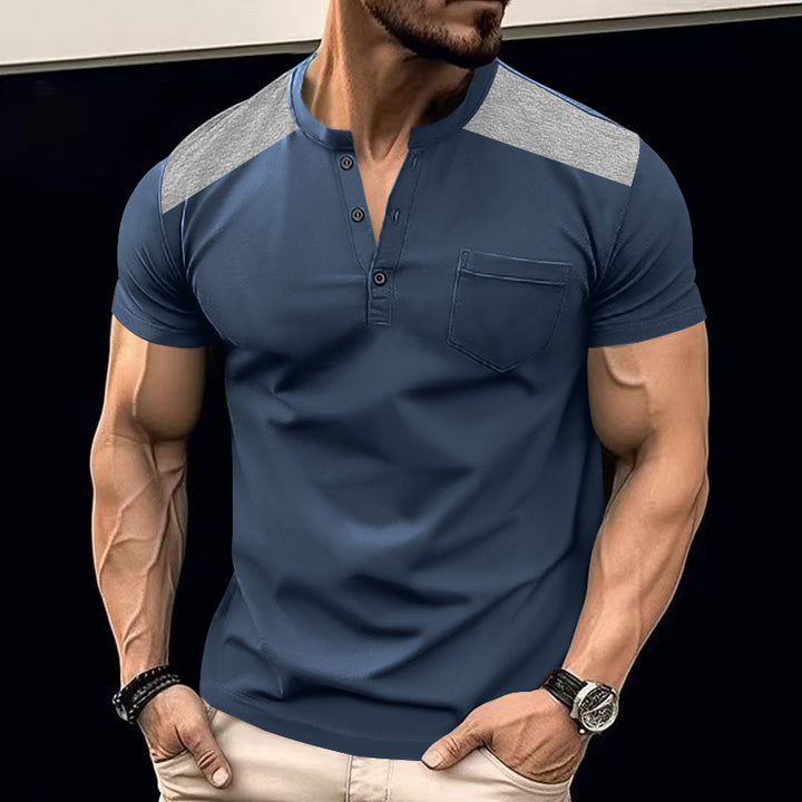 Herren Kurzarm-Henley-T-Shirt mit modischem Knopfdesign und praktischer Brusttasche Echoarchiv