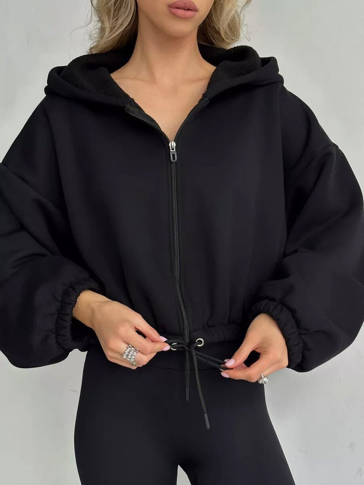 Damen nan kurzes Oversize-Kapuzensweatshirt mit Halbzip und Kordelzugbund Echo Archiv