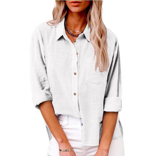Damen lässige Leinenbluse mit kurzem Arm und Knopfdetails Echoarchiv