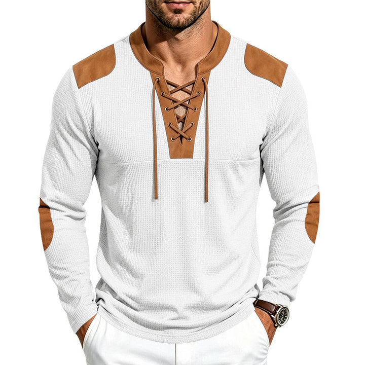 Herren Langarm-Waffelshirt mit Schnürkragen und Kunstlederapplikationen – Marzano