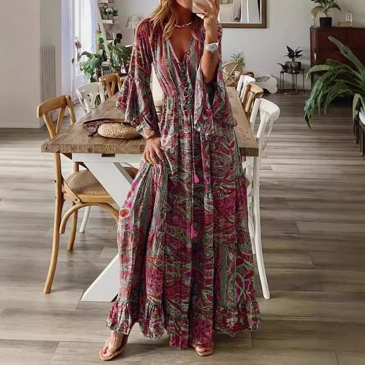 Damen Boho Maxikleid mit Paisley-Print, V-Ausschnitt, Stufenrock und Bindegürtel Echoarchiv