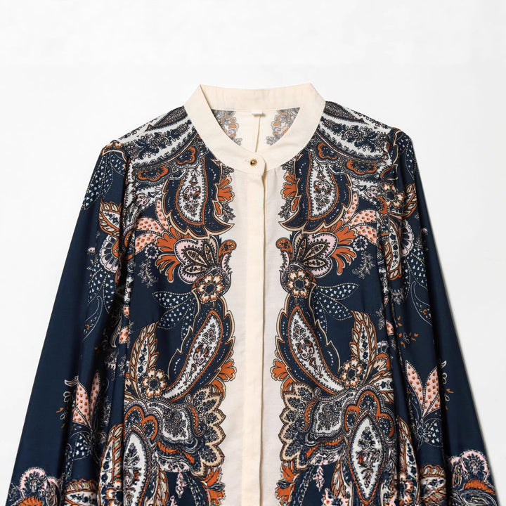 Damen nan fließendes Maxikleid mit Paisley-Muster, Taillenzug, Stehkragen und Stufenrock Echo Archiv