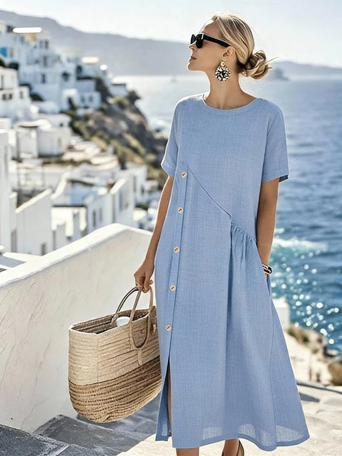 Damen Luftiges Sommerkleid mit seitlicher Knopfleiste, kurzen Ärmeln und Schlitz – Lunéa