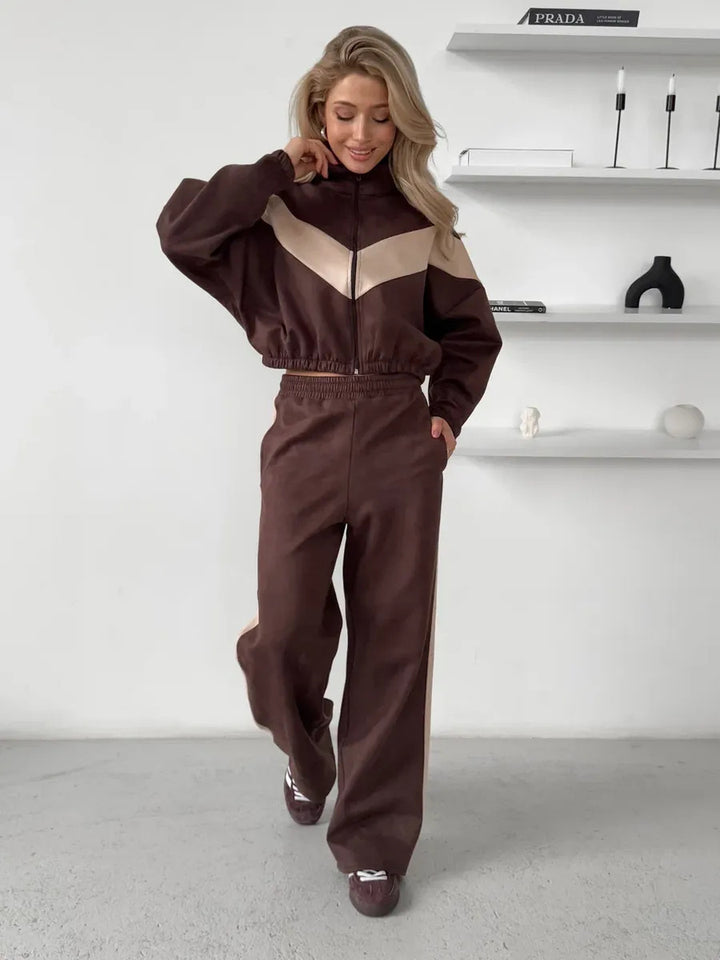 Damen cropped Zipjacke und weite Trackpants mit kontrastierendem Seitenstreifen – Avérine