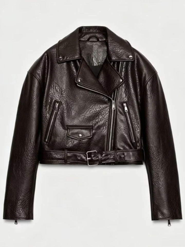 Damen Kurz geschnittene Bikerjacke aus Kunstleder mit Taillengürtel und asymmetrischem Reißverschluss Echoarchiv
