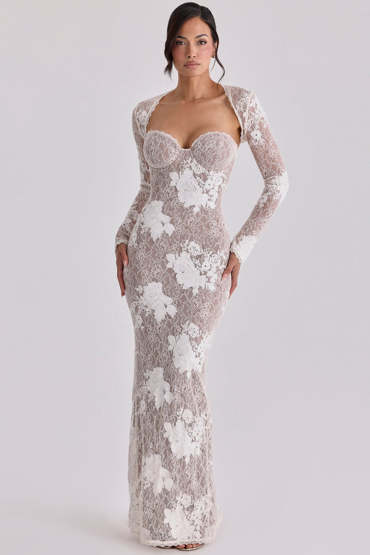 Damen Elegantes Spitzenabendkleid mit langem Arm und verführerischem Schnitt Echo Archiv