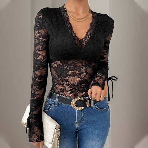 Damen Figurbetonter Spitzen-Body mit semi-transparentem Blumenmesh, V-Ausschnitt & Bindärmeln Echoarchiv