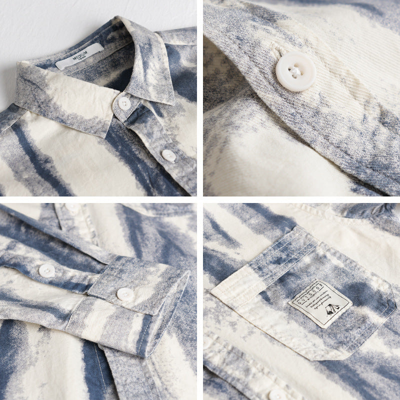 Herren Lockeres Hemdjacken-Overshirt aus Leinen-Baumwollmix mit abstraktem Brush‑Print und Kentkragen Echoarchiv
