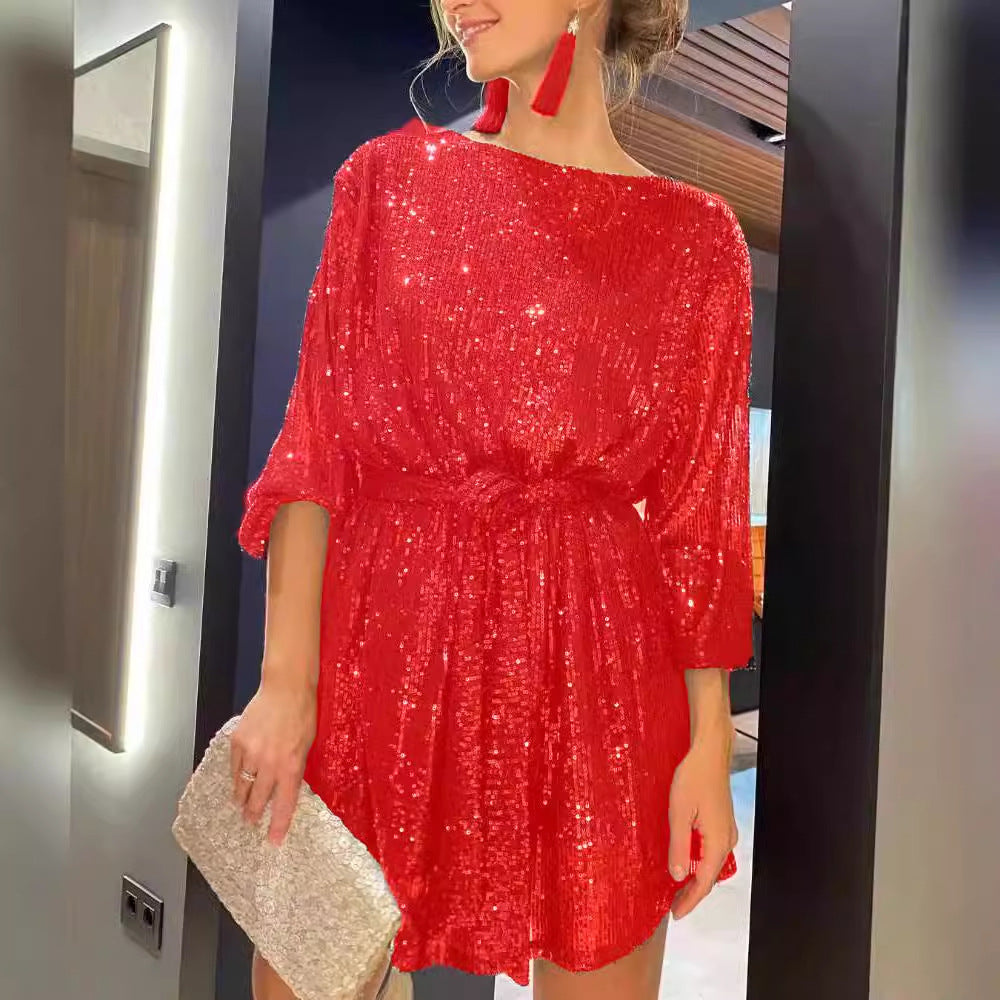 Damen Funkelndes Minikleid mit raffiniertem Faltenwurf und glamorous Ärmeln Echo Archiv