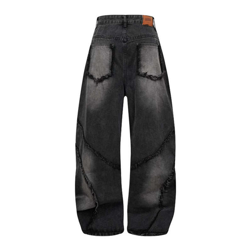 Damen Baggy-Jeans mit hohem Bund, ballonförmiger Weite und ausgefransten Patchnähten Echoarchiv