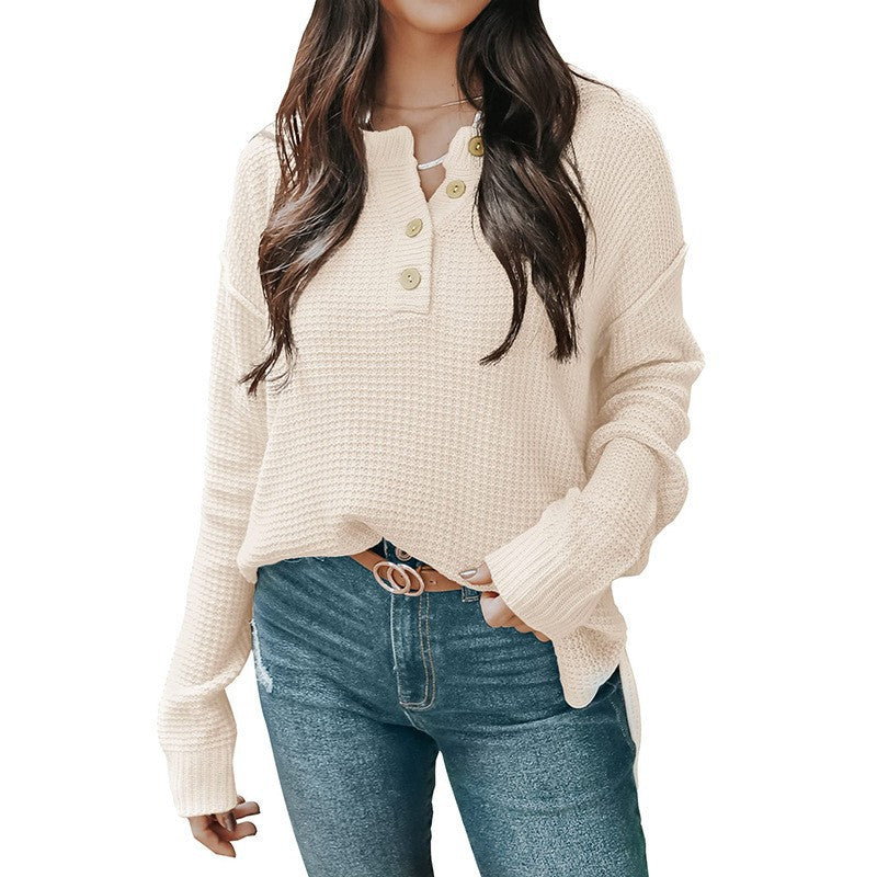 Damen nan lockerer Waffelstruktur Henley Pullover mit Knopfleiste und überschnittener Schulter Echo Archiv
