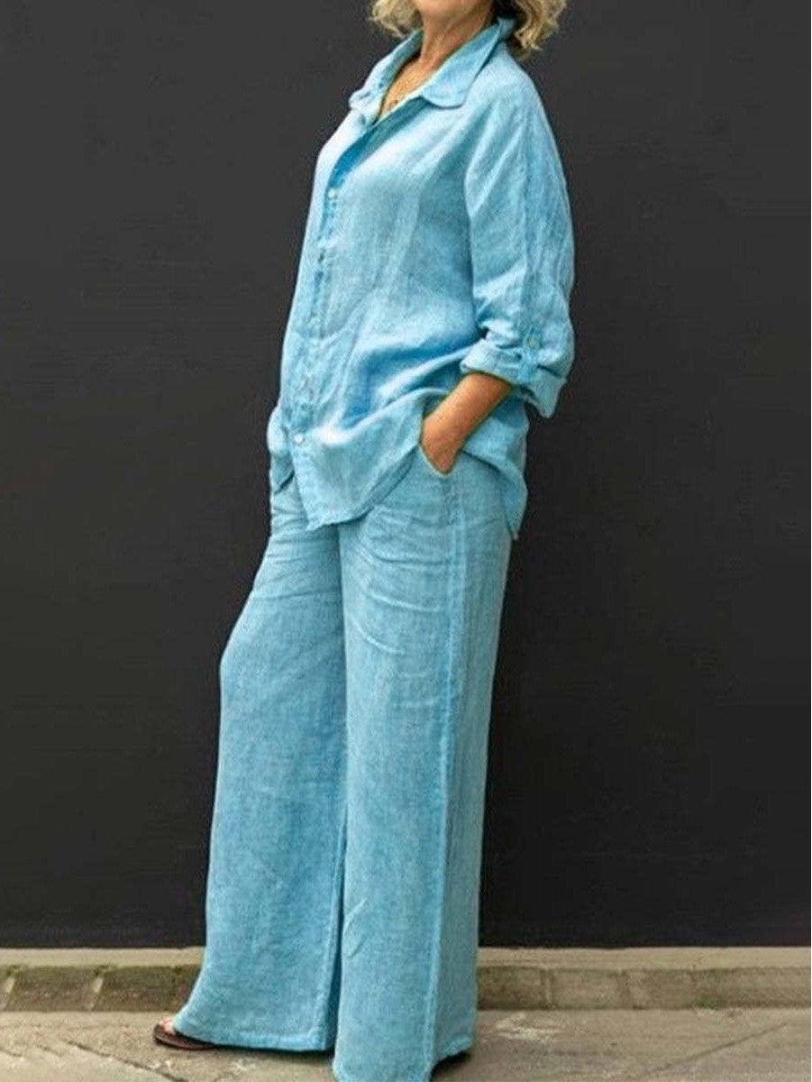 Damen Entspanntes Leinen-Set mit Oversize-Hemd und weiter Palazzo-Hose Echo Archiv