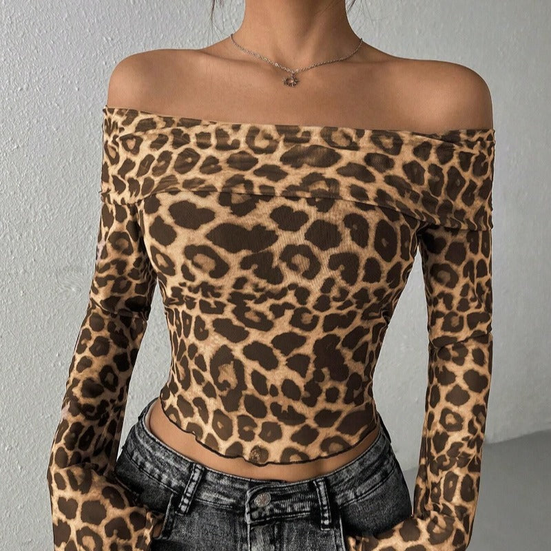 Damen Off-Shoulder Top mit lässigen Glockenärmel und animalischem Muster Echo Archiv