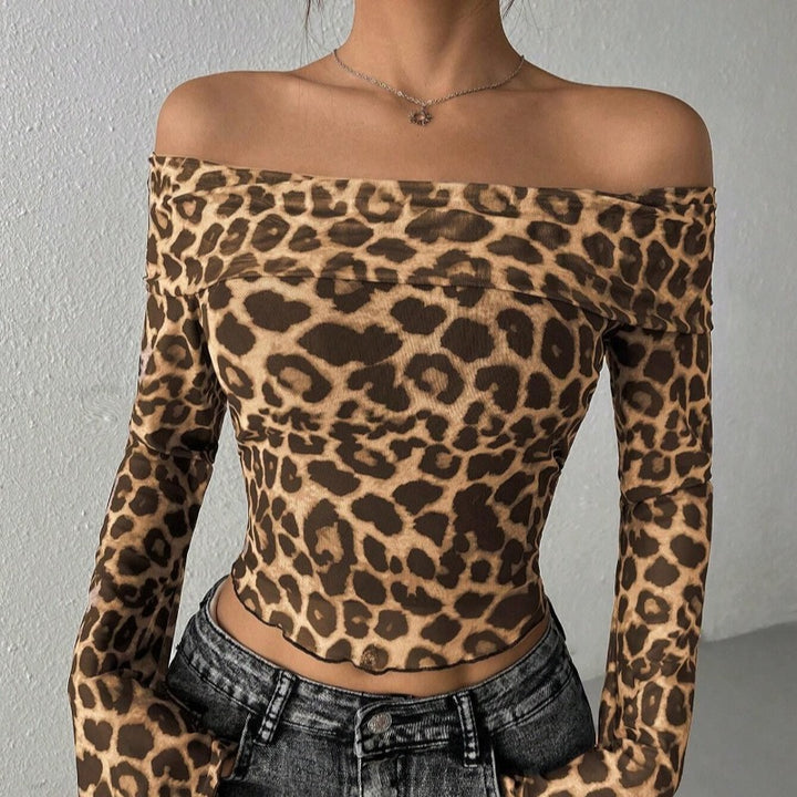 Damen Off-Shoulder Top mit lässigen Glockenärmel und animalischem Muster Echo Archiv