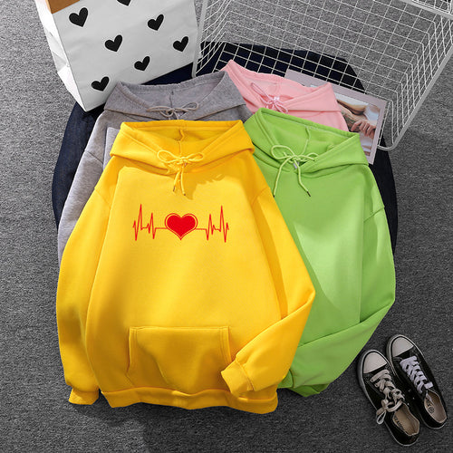 Unisex oversized Kapuzenpullover mit Herz-EKG-Print und Kängurutasche – Auréline