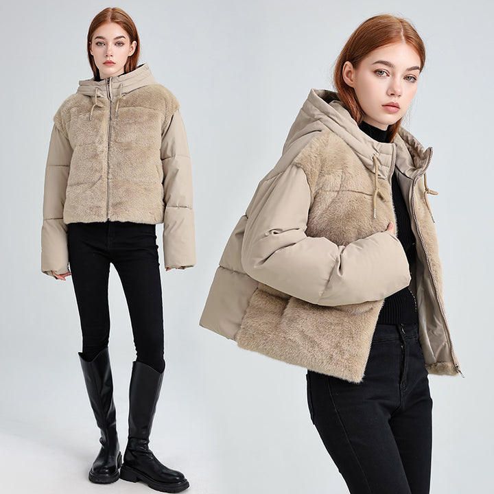 Damen Kurze Hybrid-Winterjacke mit samtiger Kunstfellfront und Kapuzenkragen Echo Archiv