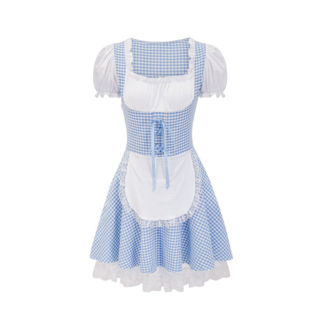 Damen nan kurztailliertes Trachtenkleid mit Karo-Corsage, geraffter Brust und Spitzen-Schürze Echo Archiv