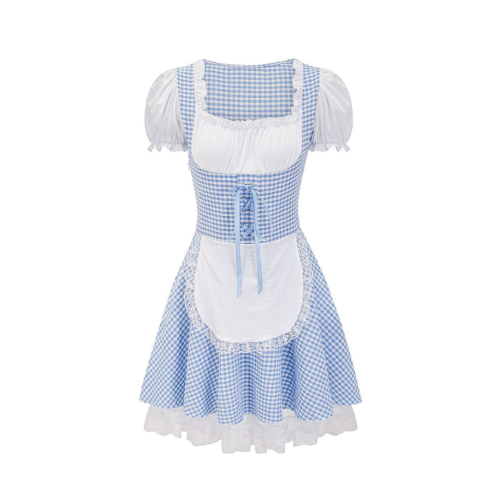 Damen nan kurztailliertes Trachtenkleid mit Karo-Corsage, geraffter Brust und Spitzen-Schürze Echo Archiv