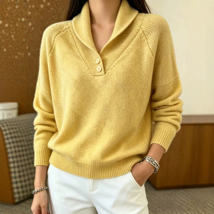 Damen Weicher Schalkragen‑Pullover mit halber Knopfleiste und Raglanärmeln – Mavelle