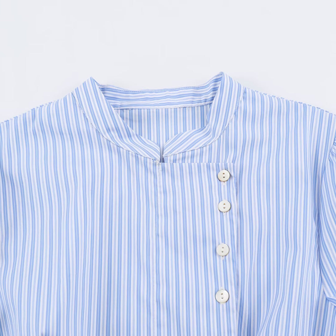 Damen Kurzärmelige gestreifte Blusenjacke mit Stehkragen und asymmetrischer Knopfleiste Echo Archiv