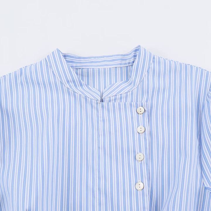 Damen Kurzärmelige gestreifte Blusenjacke mit Stehkragen und asymmetrischer Knopfleiste Echo Archiv